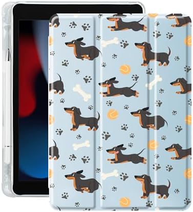 Cute Dachshund Case for 9.7" iPad Air/iPad Air 2, Clear TPU Smart Stand Back Cover with Pencil Holder, Auto Wake/Sleep Foldable Four-Corner Shockproof Protective Case