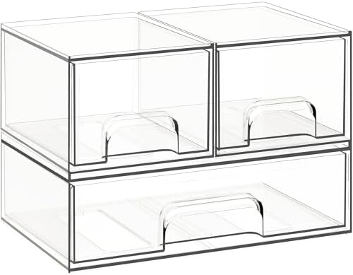 Criusia Stackable Storage Drawers, 3 Pack Clear Acrylic Makeup & Bathroom Organizer, Versatile Storage Bins for Vanity, Under Sink, Kitchen Cabinets & Pantry