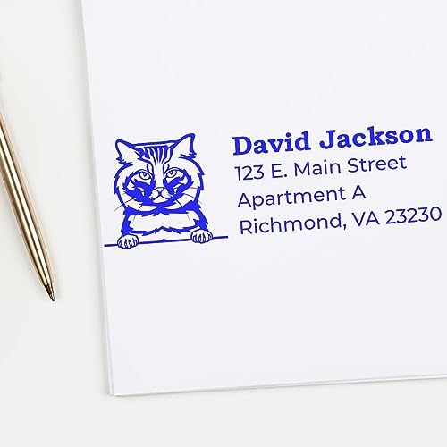 Peeking American Bobtail Cat Self-Inking Address Stamp - Clear Impressions | Customized American Bobtail Cat Themed Address Stamp. Rectangular Address Stamp for Cat Moms. 4 case colors. Laser-cut.
