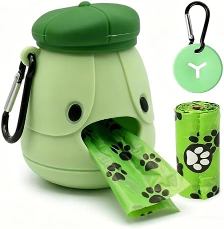 Dog Poop Bag Holder with Hands-Free Used Bag Clip & 1 Roll Bags | Cute silicone design with leash attachment and hands-free clip, making dog walking cleaner and more convenient outdoors
