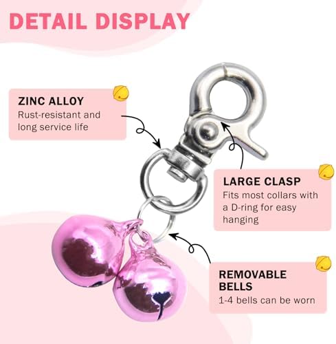 SCENEREAL Bells for Dog Collars - 2 Pack Pet Hanging Ring Bell Accessories for Dog & Cat, Pet Pendant Collar Charm with Heavy Duty Snap Clips, Sliver Bells for Tracking and Training Christmas Gift, Pink+Pink