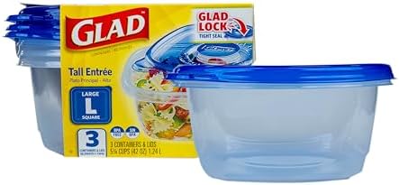 Glad GladWare Tall Entree Food Storage Containers with Lids, Large Square BPA Free Plastic for Meal Prep and Lunches, Lock Tight Seal, Microwave and Dishwasher Safe, 42 Oz, 3 Count (Pack of 6)