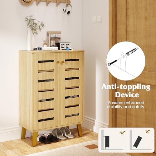 GIANTEX Shoe Cabinet with Doors, Modern Wooden Narrow Shoe Storage Cabinet | 4-Tier Freestanding Shoe Rack Cabinet with Ventilated Slatted Doors & Adjustable Shelves for Entryway, Hallway, Closet
