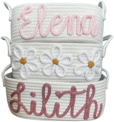 Personalized Baby Name Basket Custom Easter Cotton Rope Diaper Caddy & Nursery Storage Organizer Bin for Baby Birthday Shower Gift, Newborn Essentials, Kids' Bedroom Bathroom Decor (Style F)