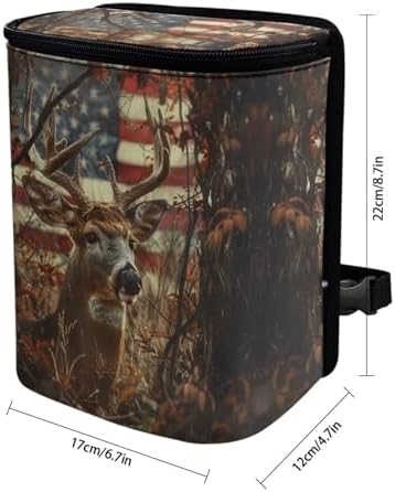 DISNIMO American Flag Camo Deer Car Trash Can with Lid Leak Proof Trash Bin Garbage Bag Collapsible Automatic Portable Trash Can Easy to Clean Used in Car Home Office