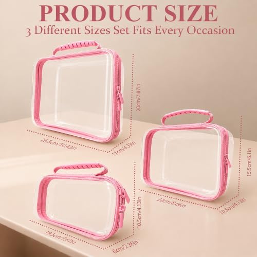 3 PCS Clear Zipper Pouches with Handle, Diaper Bag Organizer, Clear Makeup Bags Hardshell Toy Storage Bins with Zipper Toiletry Pouch Bag for Cosmetics Pencils Puzzles, Building Blocks(Pink)
