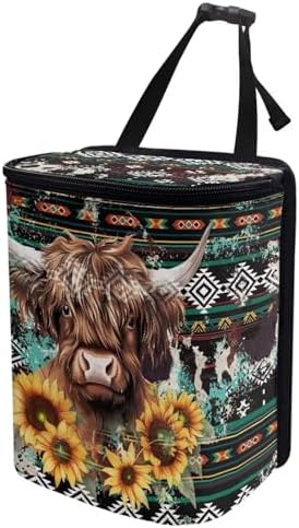 DISNIMO Aztec Sunflower Cow Car Trash Can with Lid Portable Garbage Bag Leak-Proof Car Storage Bag Car Garbage Can Car Accessories Interior Organizer Storage Bin