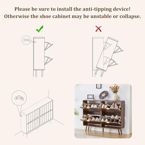 ORRD Shoe Storage Cabinet for Entryway with 4 Flip Drawers, Freestanding Narrow Wood Shoe Cabinet with Wave Panel, Hidden Shoe Organizer for Foyer, Hallway (Walnut)