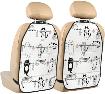 Car Seats Back Protector 2 PCS - Cute Cats | with 3 Storage Pockets, Shield Seats From Dirt, Mud Scratches, Fits Cars SUVs Trucks and Jeeps