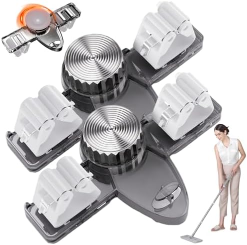 2PCS Suction Cup Broom Holder Wall Mount, No Drill Mop and Broom Organizer with Retractable Towel Rack, Transparent Bathroom Storage, Grey Holder and Mop Wall Mount Hanger Organizer Hanging S