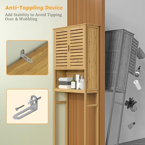 Yardenaler Over-The-Toilet Storage Shelf with Doors, Bathroom Freestanding Bamboo Organizer Space Saver with Adjustable Shelf, Natural