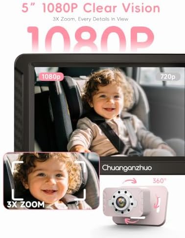S100C Pink Baby Car Camera USB Powered, Crystal Clear Auto IR Night Vision in Total Dark, Adjust Brightness & 1080P 5" IPS Monitor, 3X Zoom & 360 Rotating Backseat/Carseat Camera for Car Baby Monitor