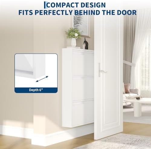 Garvee Slim Metal Shoe Cabinet with 3 Flip Drawers for Entryway, White | Narrow Shoe Storage, Wall Mounted or Floor Standing, Detachable Bottom Corners for Flexible Placement, Anti-Tip Wall Mount