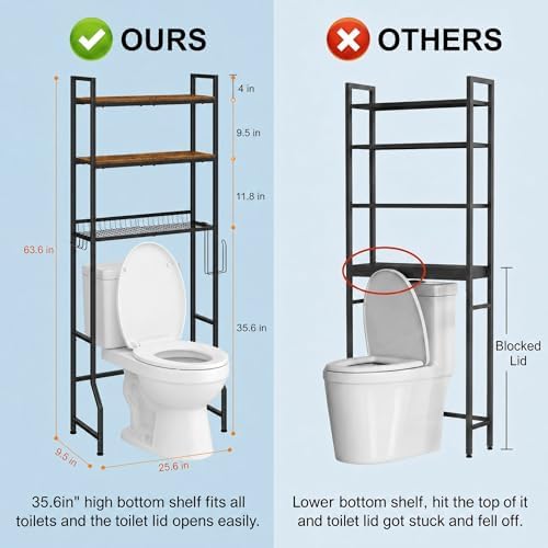 Over the Toilet Storage Cabinet Bathroom Storage Above Toilet | Over the Toilet Shelf, with Paper Holder and 4 Hooks, with Metal Frame, Space-Saving, Large Capacity Storage, Brown