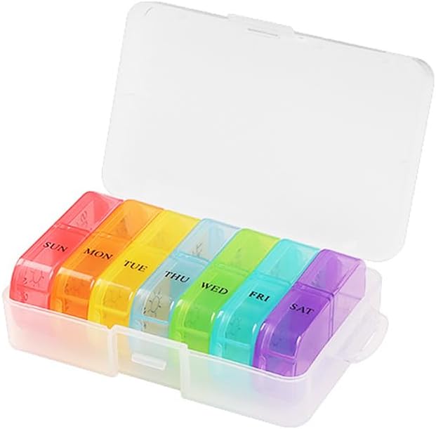 Travel Pill Organizer 7-Day for Purse Pocket, Daily Medicine Case | Box with 14 Compartment Weekly Meds Container Reminder Planner AM PM Hold Medicine, Vitamin, Supplement, Fish Oil, Colorful