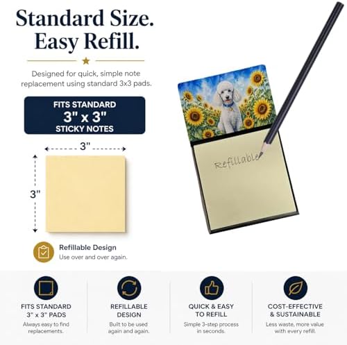 Caroline's Treasures White Poodle in Sunflowers Watercolor Sticky Note Holder Refillable Dispenser Desk Accessory 3x3 Pad Gift