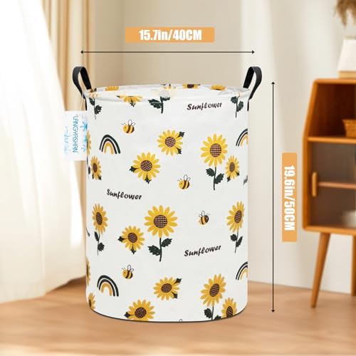Round Laundry Basket Collapsible Storage Hamper Organizer Sunflower | Waterproof Canvas Foldable Baskets with sturdy Handles Multi-scene Organizer for Home Play Bedroom Gift Bin
