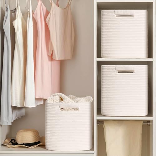 11 Inch Storage Cubes, 3 Pack Cube Storage Bins for Organizing, Cotton Rope Woven Baskets for Shelves, Bathroom, Kids Room, Closets, Baby Nursery