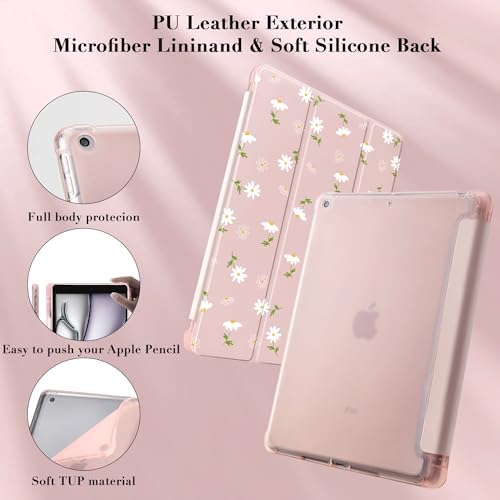 Cute Kawaii Floral Case for 11" iPad Pro(2024), Clear TPU Smart Stand Back Cover with Pencil Holder, Auto Wake/Sleep Foldable Shockproof Protective Case