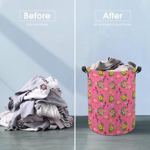 Waterproof Collapsible Hamper Flamingos Flower Parrot Palm Pink Summer Holiday, Large Capacity Laundry Basket with Handles for Clothing, Toy, and Home Organization