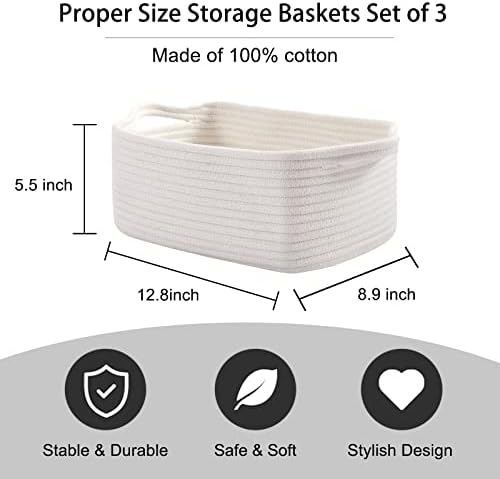 OIAHOMY 3 Pack Storage Baskets for Shelves Cotton Rope Storage Bins White | Woven Baskets for Storage Nursery Storage Basket with Handles Baskets for Organizing Small Baskets Gift Baskets Empty