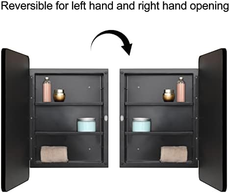 Plastic Black Medicine Cabinet 16x24 Beveled Mirror, Recessed/Surface Mount | Black Metal-Framed Bathroom Mirror Cabinet with 2 Adjustable Shelves, Reversible Door; Fully Assembled for Surface Mounting