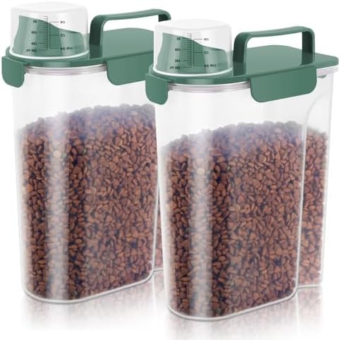 LEAWALK 5-7lbs Cat Dog Storage Container Portable with Upgraded Large Spout and Cup, Plastic Pet Food Dispenser BPA-Free for Small Animal Kibble, Bird Seed, Oatmeal, Rice, Flour-2Pack Royal Green