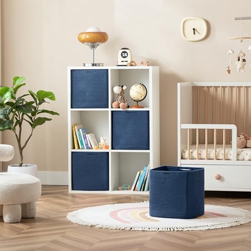 joybest 11inch Cube Storage Bins, Cotton Rope Woven Organizer Basket | Set of 4 Cube Bin Square Shelves Organizer Closet Storage, Nursery, Toy Organization, Navy Blue