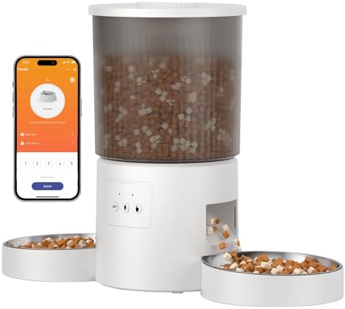 Automatic Cat Feeder, 2.4GHz WiFi Automatic Dog Food Dispenser, Fresh Protection, 4.5L Timer Feeder, Personalized Recording 10 Seconds, Easy to Clean, Stainless Steel Bowl (Double/White)