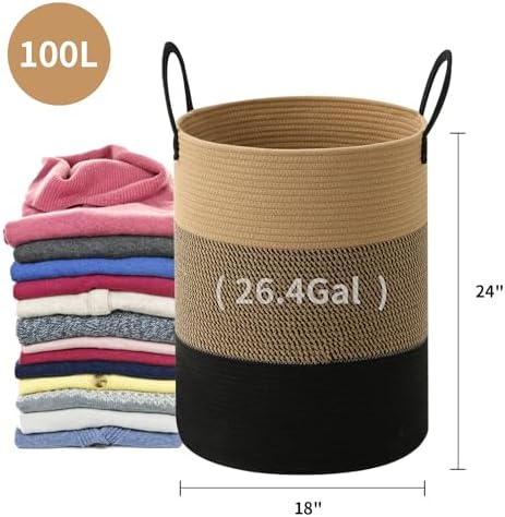 Laundry Basket Hamper Tall Rope Storage Woven for Blanket toys Dirty Clothes in Living Room Bathroom Bedroom (Jute Brown & Black, 100L/26.4Gal)