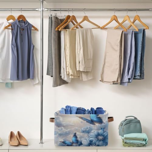 Foldable Storage Baskets Bins for Shelves Blue Butterfly Floral Storage Box Decorative Closet Organizers Baskets with Handles