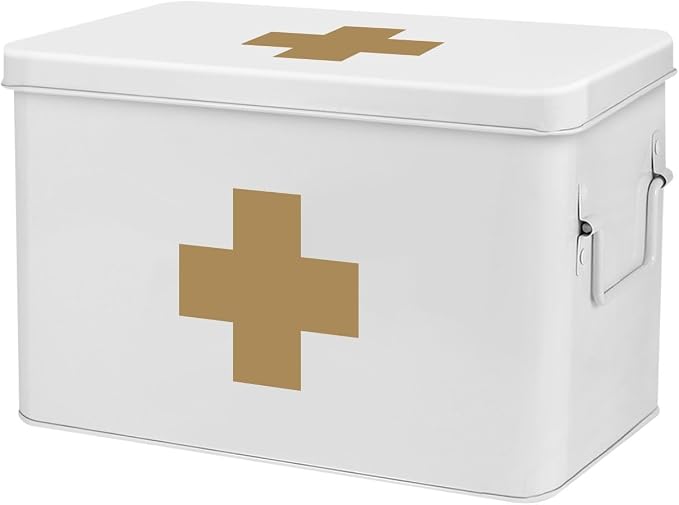 Flexzion Large Metal First Aid Box Empty, 13-Inch, White with Gold Cross | Vintage Medicine Box and First Aid Storage Organizer with Removable Tray and Dividers; Empty Box Only, Supplies Not Included