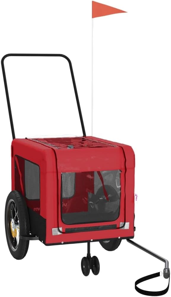 Pet Bike Trailer for Small Dogs, Foldable Bicycle Cargo Trailer with Push Bar, Mesh Windows, Reflectors, and Safety Flag, 66 lbs Capacity, Red