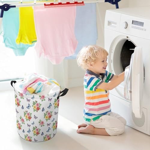 Foldable Clothes Hamper with Handles Flower Shabby Chic Roses Buds Leaves Tulips Floral Butterfly, Waterproof Laundry Basket for Bedroom, Bathroom, and Toy Storage Needs