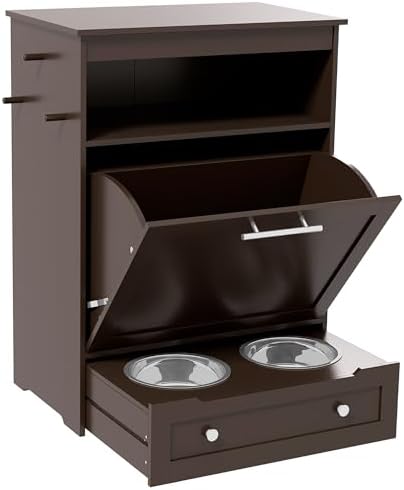 Suitable for Dog Feeding Station with Raised Bowls & Storage Cabinet, Pet Feeder Cabinet Container with Hanger for Feeding & Watering Supplies, Dog Food Organizer, Brown