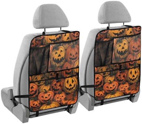 2 Pack Back Seat Car Organizer with Storage Pockets Kick Mats Back Seat Protector Hanging Car Organizer Automotive Seat Back Cover Organizers Cartoon Orange Halloween Pumpkin Lanterns