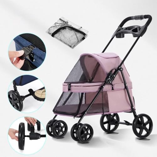 Small Pet Dog Pram Stroller for Cats with Cup Holder, Dog Strollers for Small Dogs Premium Stroller with Rain Cover, Breathable Pushchairs Pet Gear(Pink)