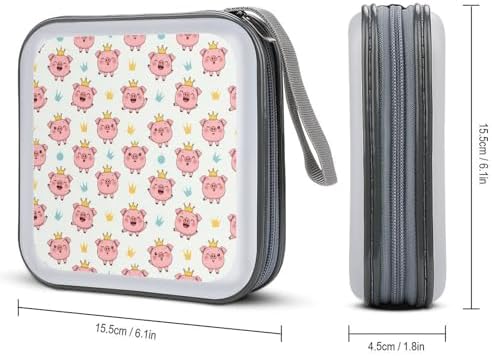 Hard Plastic Protective CD Case Crown Cute Pink Pig, 40-Disc Capacity Storage Binder with Zipper, Portable Organizer for Home Office