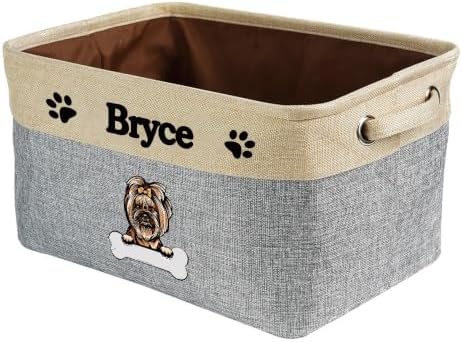 Personalized Fabric Dog Toy Storage Basket with Lovely Dog Yorkie Collapsible Sturdy Fabric Bone Pet Toys Storage Bin Cube with Handles for Organizing, Grey and White