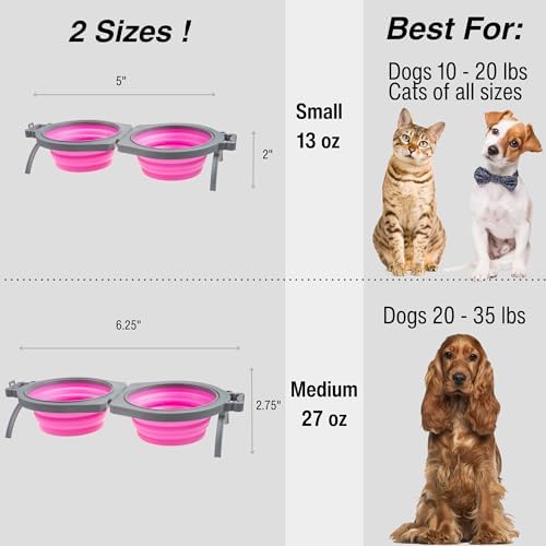Loving Pets Bella Roma Double Diner Collapsible Dog Bowls - Silicone Dog Bowls, Foldable Bowl, Puppy Essentials & Hiking Pet Supplies Great for Home & Travel (Pink, Medium)