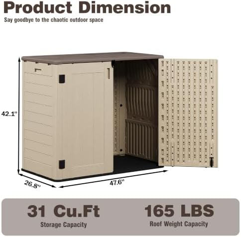 Horizontal Resin Storage Cabinet for Garage, 31 Cuft Waterproof Thickened Outdoor Resin Storage Shed with Floor & Lockable Double Doors for Patio, Garden and Trash Can, Khaki