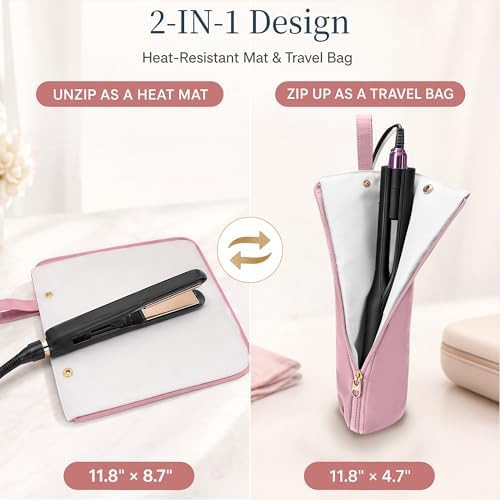 Hot Tools Travel Bag with Heat Resistant Mat, 2-in-1 Hair Tools Organizer Bag for Curling Iron, Flat Iron, Portable Holder & Mat with Cord Pocket for Home Travel(Pink)