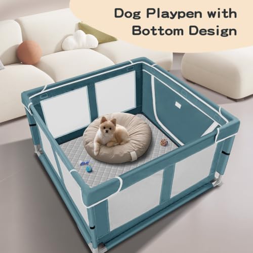 42 × 42 inch Dog Playpen with Pee Pad, Soft Puppy Playpen, 25 Height Pet Playpen for Small Dogs and Small Animals, Dog Fence Indoor, Play Yard with Zipper Door(Green)