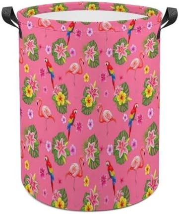 Portable Laundry Hamper with Handles Flamingos Flower Parrot Palm Pink Summer Holiday, Foldable Waterproof Clothes Basket for Bedroom, Nursery, and Bathroom Storage