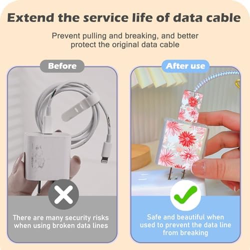 Cute Cable Protector for iPhone Adapter Charger, Red Chrysanthemum Flowers Design, Soft TPU Data Cable USB-C Case Data Line Cord Saver Charger Protective Case for iPhone 11 12 13 14 15 Pro Max