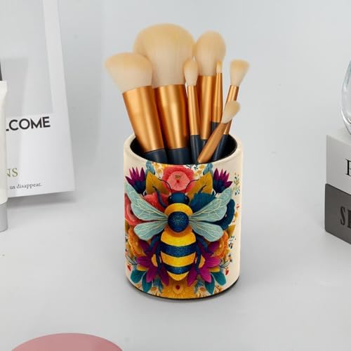Faux Leather Pen Holder for Desk, Pencil Organizer Bee Pen Cup Desk Decor Makeup Brush Holder Storage for Office Home