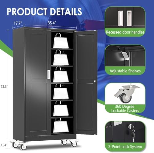 73.6" Metal Garage Storage Cabinet with Wheels and Locking Doors