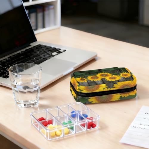 Travel Pill Organizer Wooden Sunflowers Small Pill Case