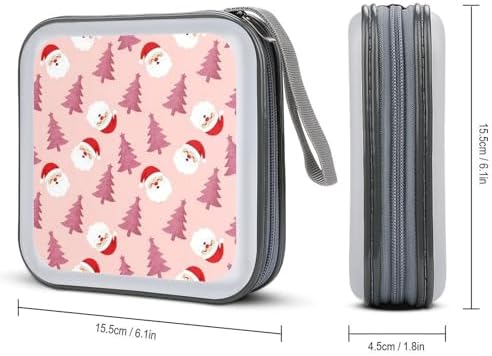 Portable Protective CD Holder Cute Santa Claus Pink Tree Snowflake Christmas, 40-Disc Hard Case with Zipper, Storage Binder for Music Movies Game Collections