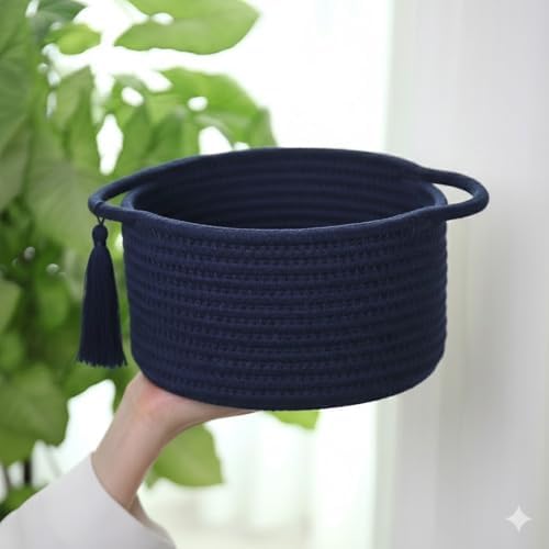 Small Gift Basket Empty to Fill with Gift Bag & Ribbon, Navy Blue | Cute Decorative Mini Woven Rope Basket with Handles for Gifting; Reusable for Bathroom Counter or Desk Catchall, 8 x 4.7 in